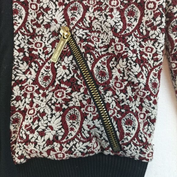 Michaels Kors Womens Paisley Bomber Jacket Sz S Black Burgundy Red Gold Zip - Picture 2 of 7